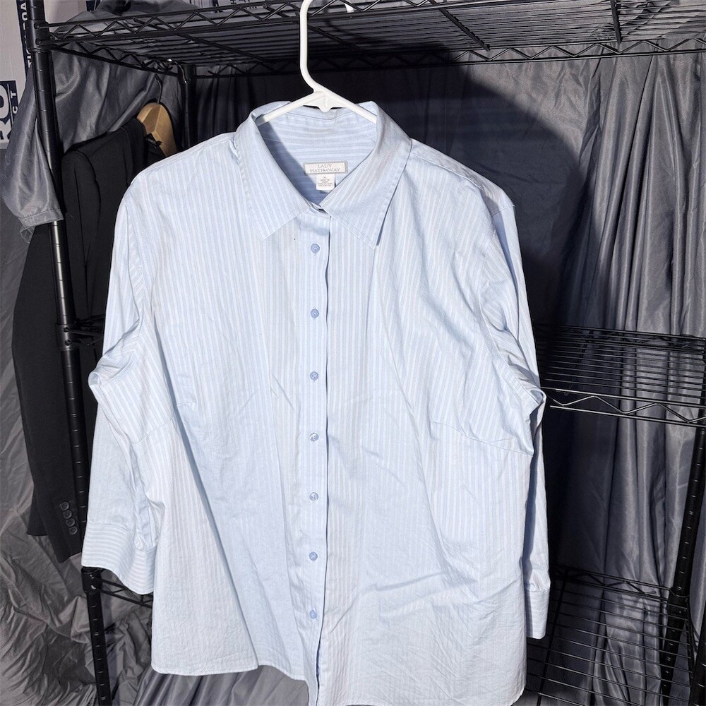 Lady Hathaway Dress Shirt Womens XL Blue & White Striped Button Front